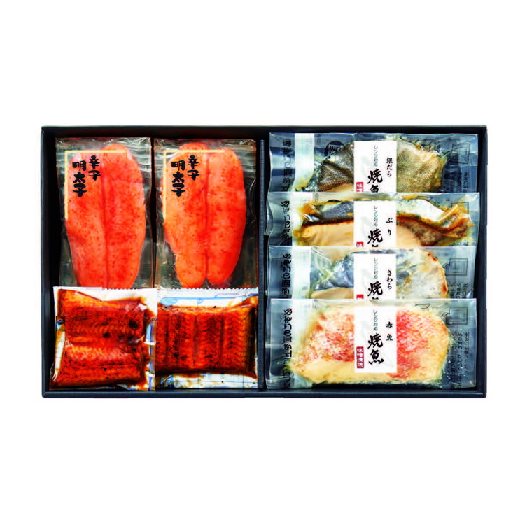 〈美飾遊膳〉明太子とレンジ対応鰻蒲焼・焼魚詰合せ